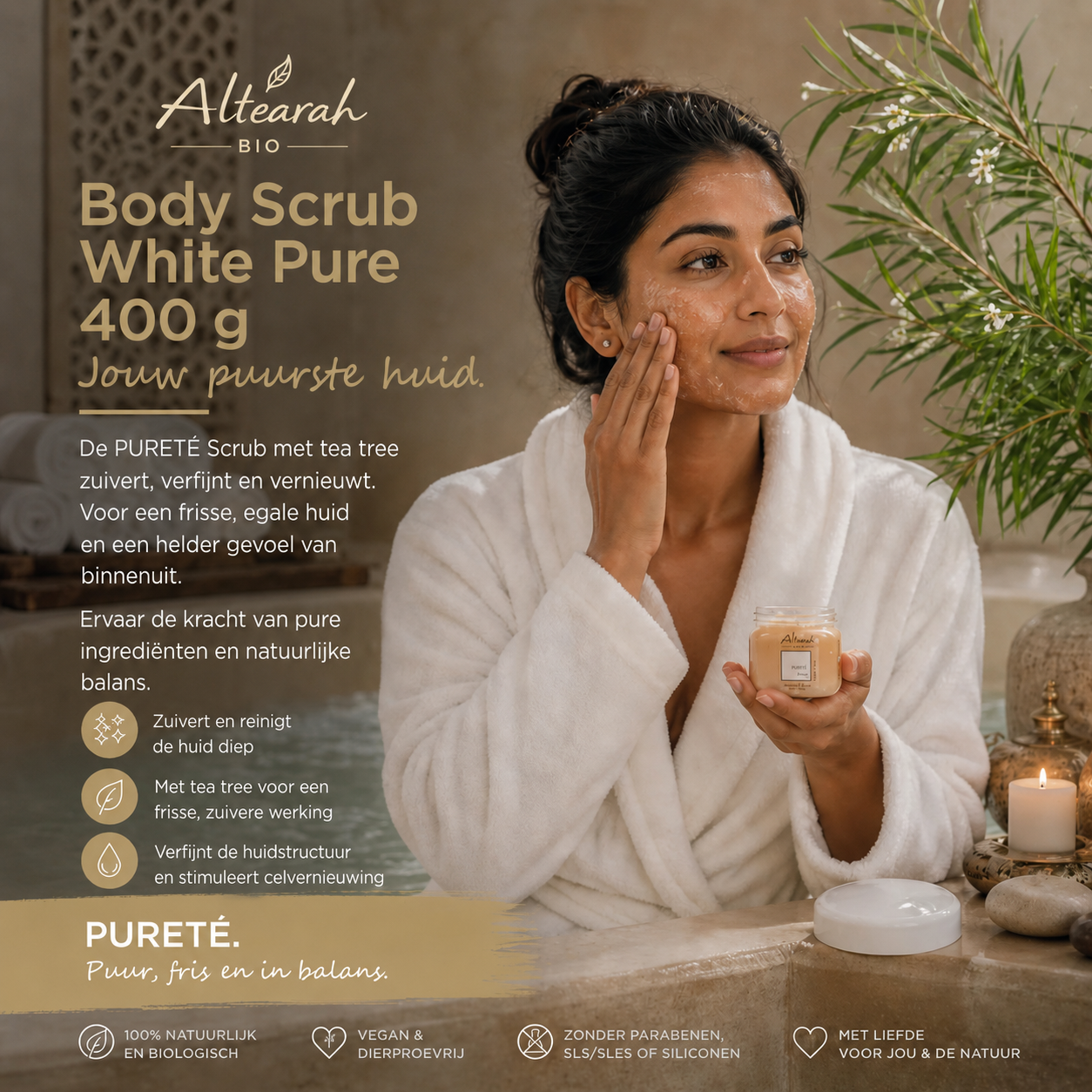 Altearah White Pure scrub vrouw gezichtsroutine tea tree zuiverend huidverzorging