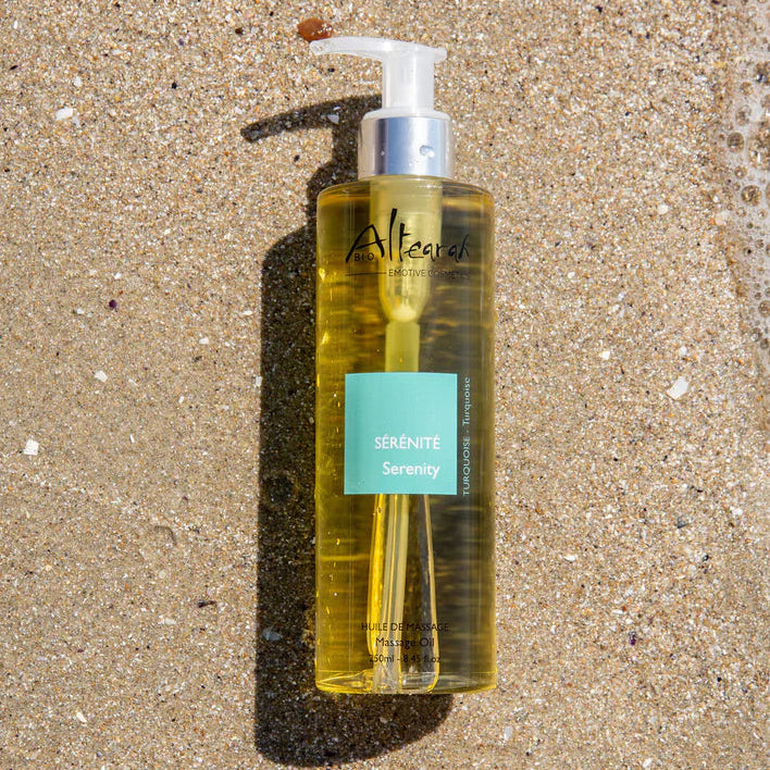 Altearah massage olie turquoise serenity strand rust ontspanning aromatherapie kalmte natuurlijke huidverzorging wellness