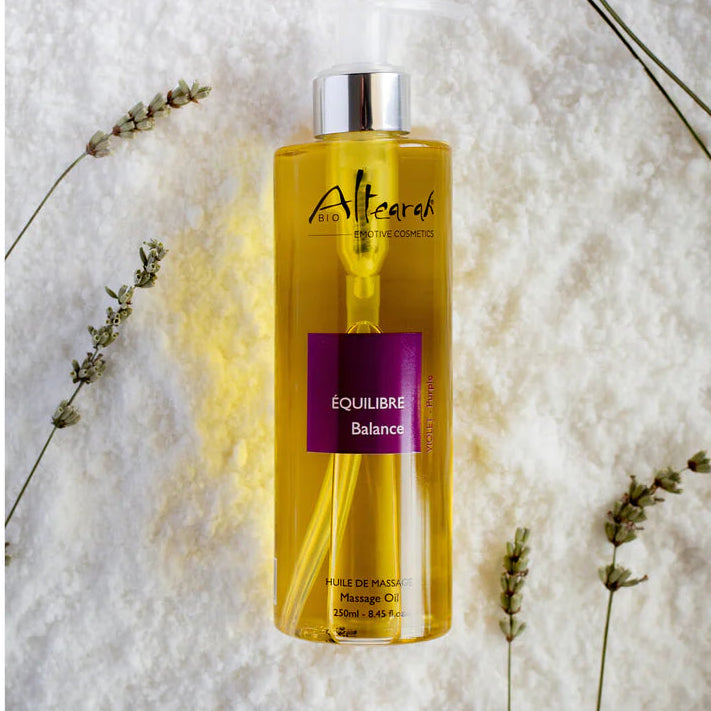 Altearah massage olie violet balance met lavendel zorgt voor ontspanning en rust, aromatherapie biologische huidverzorging wellness