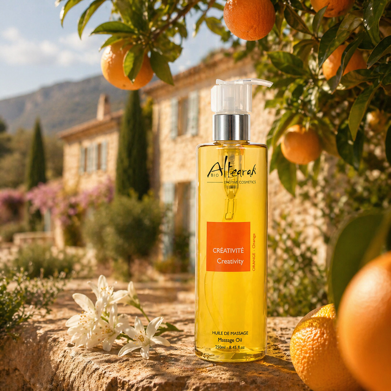 Altearah Orange Creativity massage olie onder sinaasappelboom in Franse sfeer voor natuurlijke luxe en aromatherapie beleving