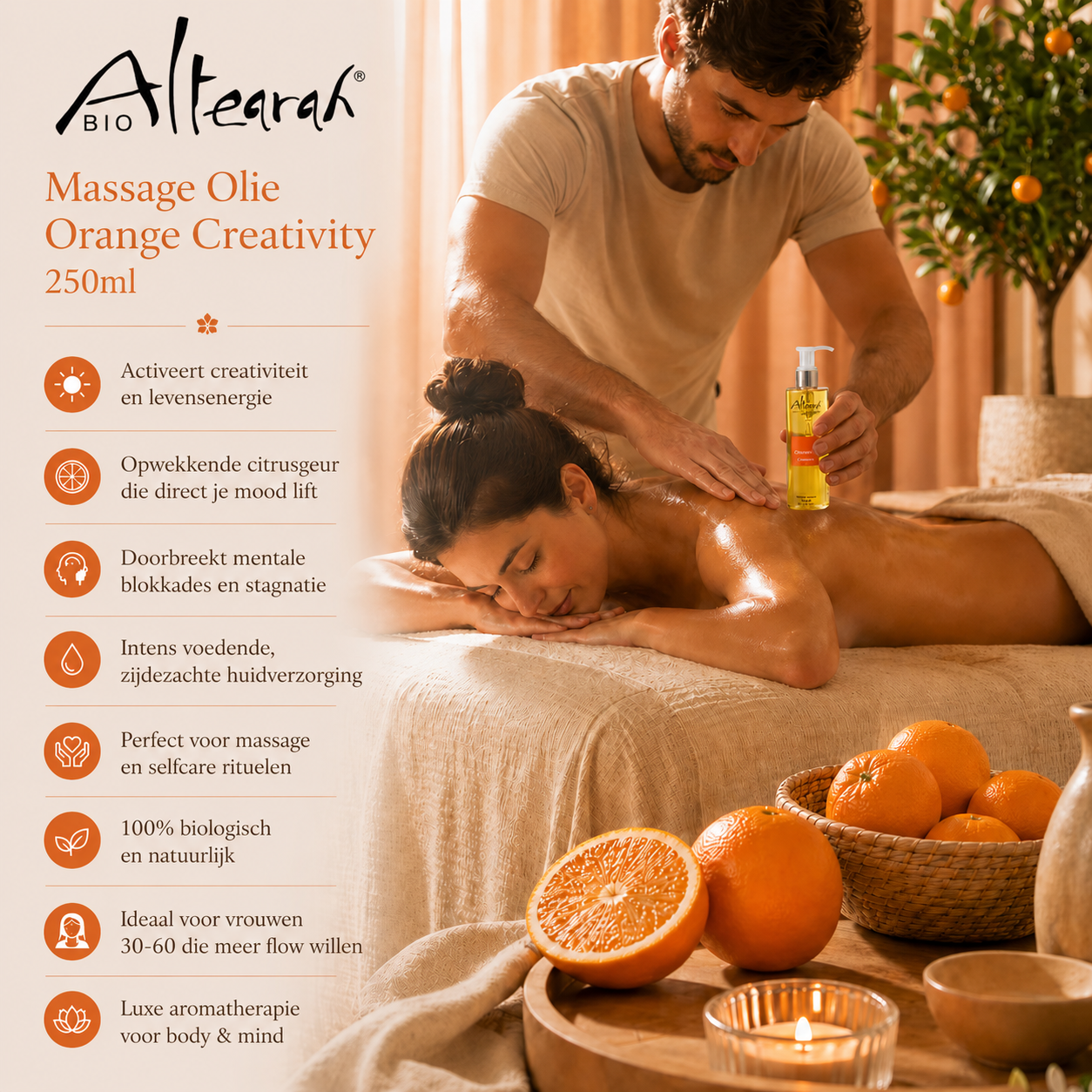 Ontspannende rugmassage met Altearah Orange Creativity olie stimuleert energie, creativiteit en diepe huidverzorging