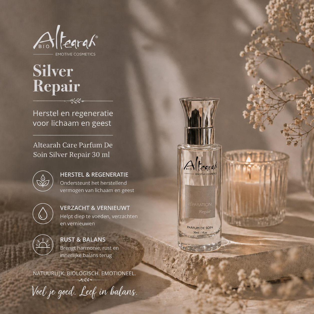 Altearah Parfum De Soin Silver Repair sfeerbeeld met warme verlichting, kaarslicht en zachte bloemen voor rust en herstel