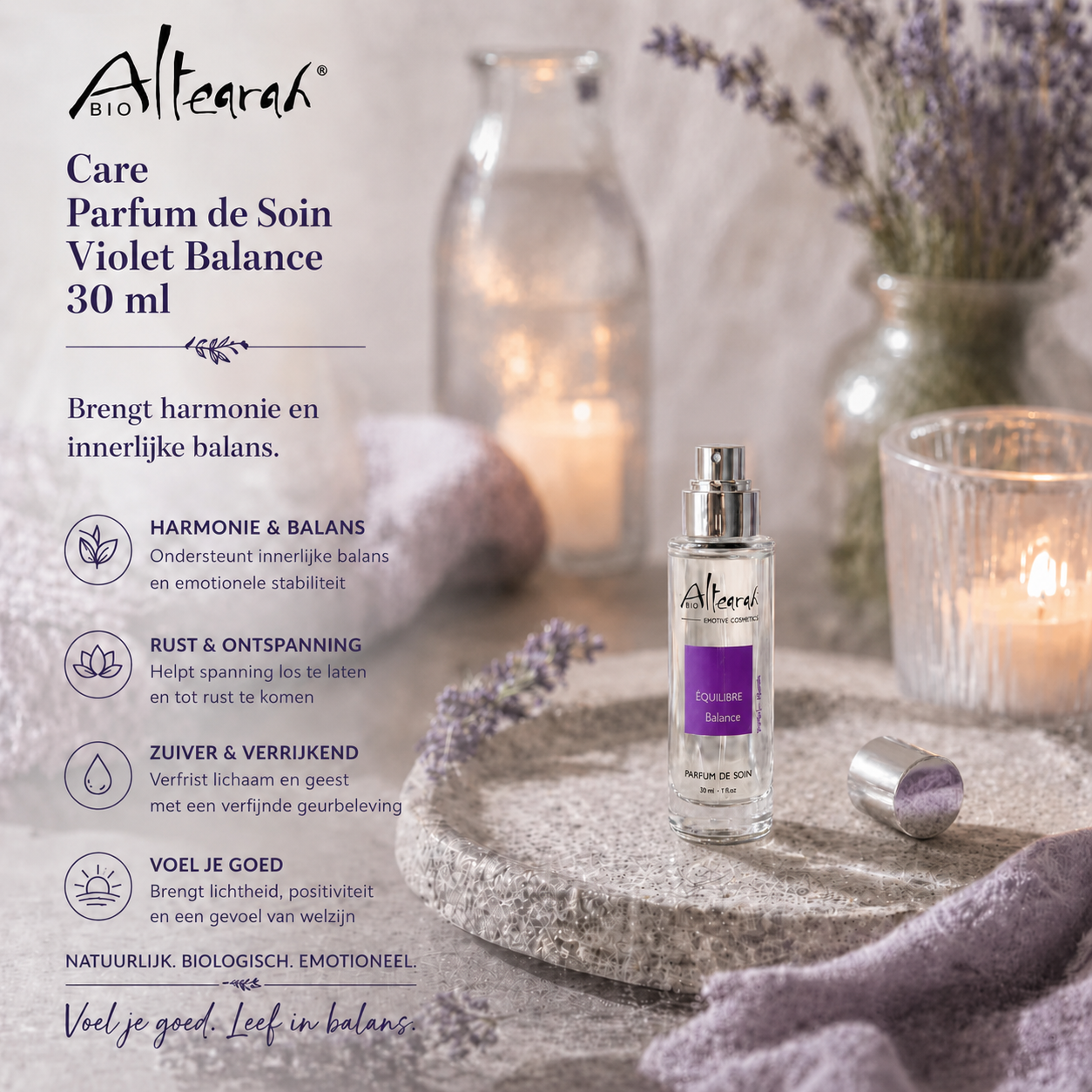 Altearah Parfum De Soin Violet Balance sfeerbeeld met lavendel en kaarslicht voor rust.