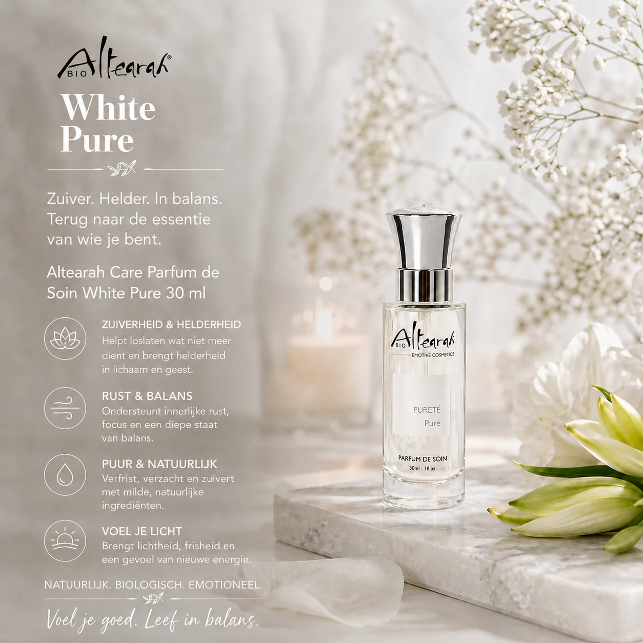 Altearah Parfum De Soin White Pure sfeerbeeld  voor zuiverheid, balans, helderheid,rust en natuurlijk