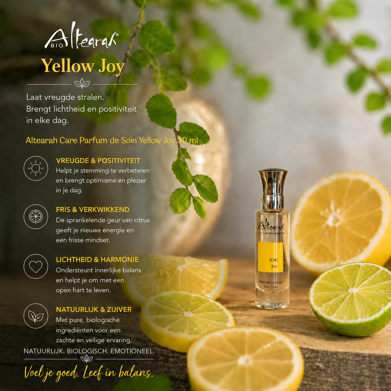 Altearah Parfum De Soin Yellow Joy met citroen en limoen sfeerbeeld voor energie en positiviteit