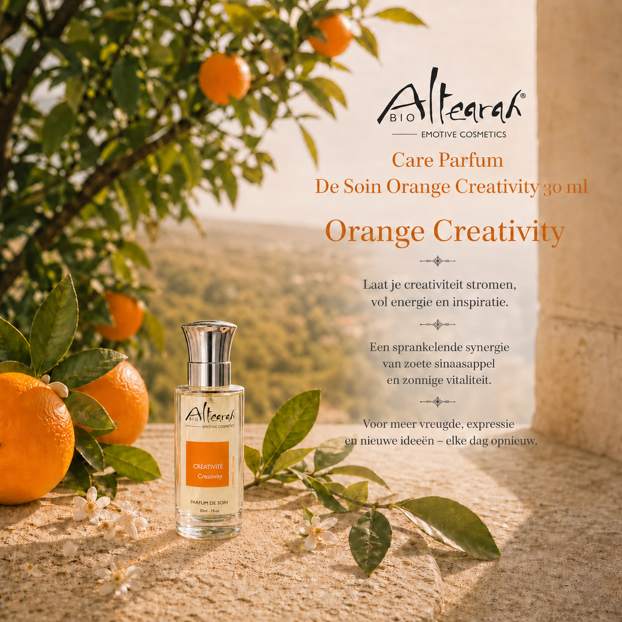 Altearah parfum Orange Creativity bij sinaasappelboom, stimuleert creativiteit, energie en inspiratie met frisse aromatherapie werking