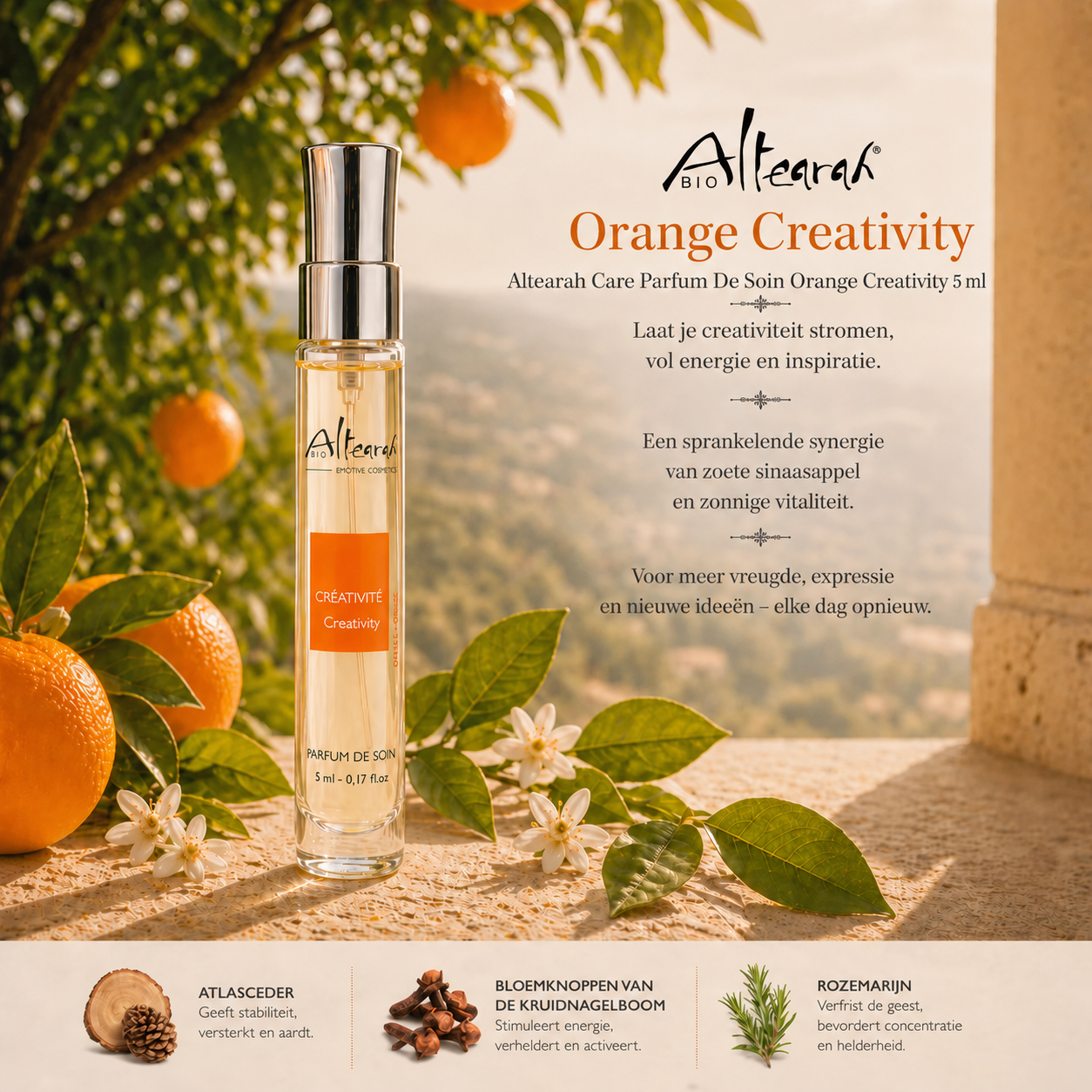 Altearah Parfum de Soin Orange Creativity 5 ml in slank flesje, stimuleert creativiteit, energie en inspiratie met frisse citrusgeur