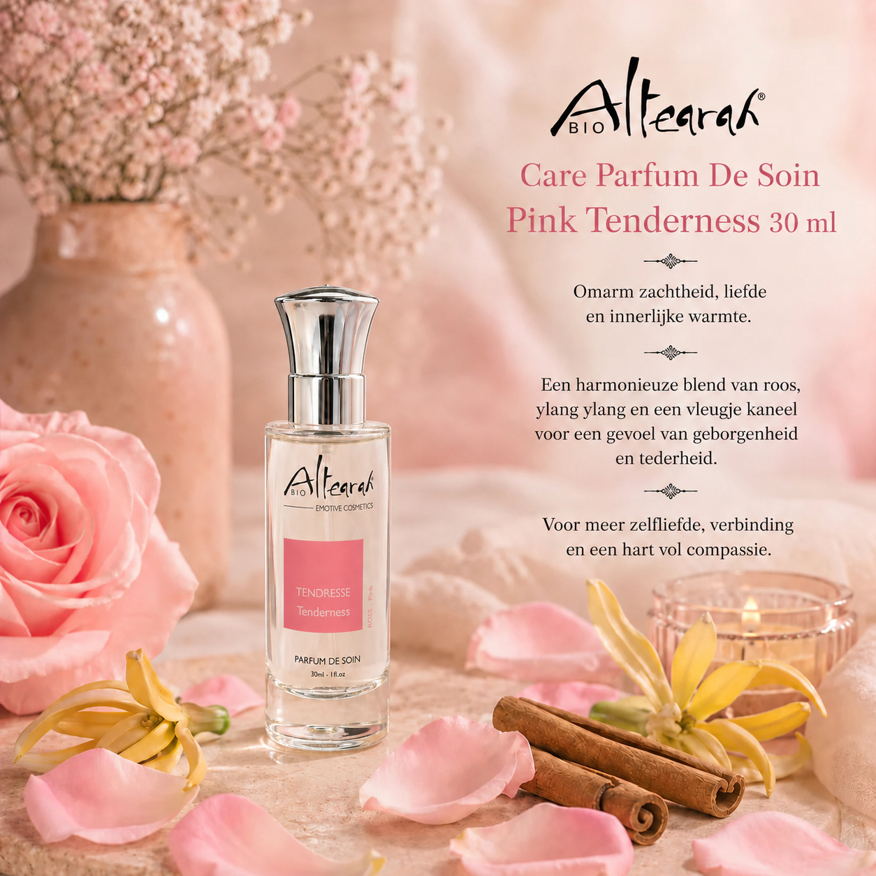 Altearah parfum Pink Tenderness creëert zachtheid, liefde en innerlijke warmte met verfijnde aromatherapie beleving