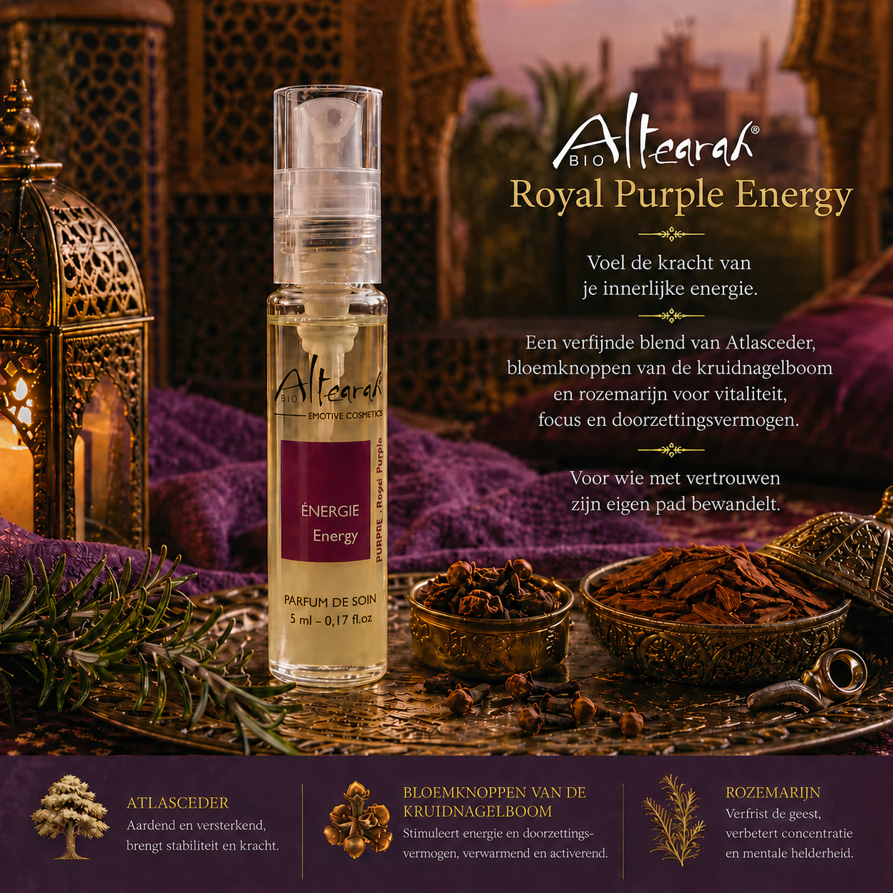 Altearah parfum Royal Purple Energy met o.a. atlasceder, kruidnagelknoppen en rozemarijn, versterkt innerlijke energie, focus en kracht.