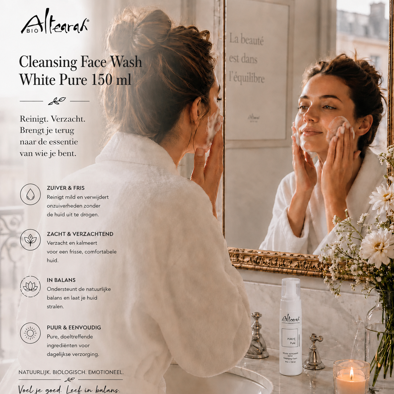Altearah Pure Cleansing Foam White Pure in badkamer sfeerbeeld  voor zachte en zuivere huid