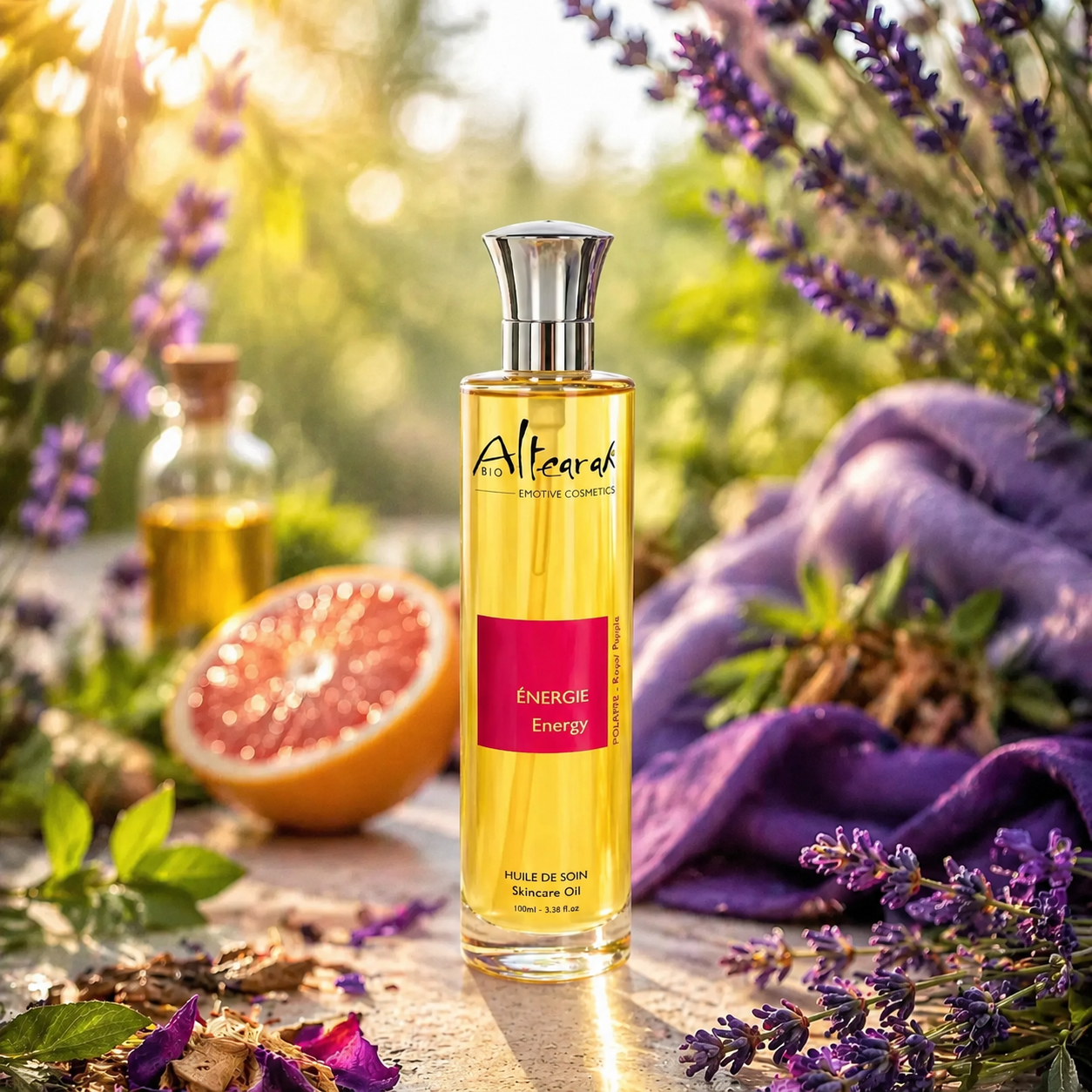 Sfeerbeeld van Altearah Royal Purple Energy huidolie met lavendel en citrus in zonlicht voor energie, balans en aromatherapie