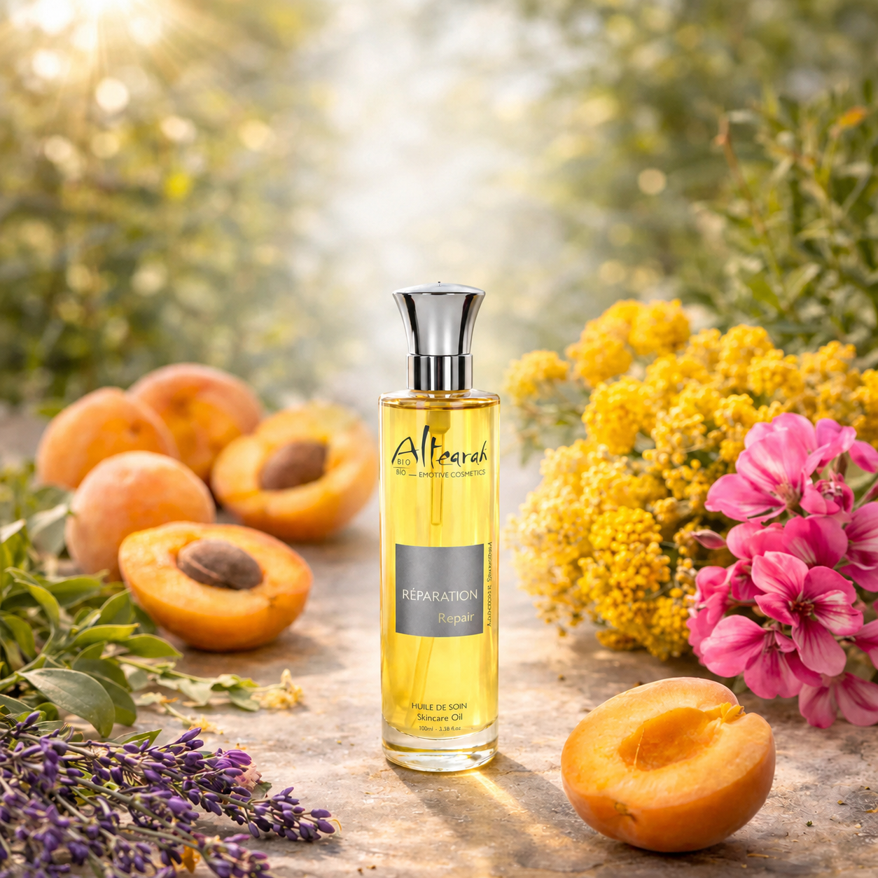 Sfeerbeeld van Altearah Silver Repair huidolie met abrikoos, strobloem en geranium voor herstel, balans en aromatherapie