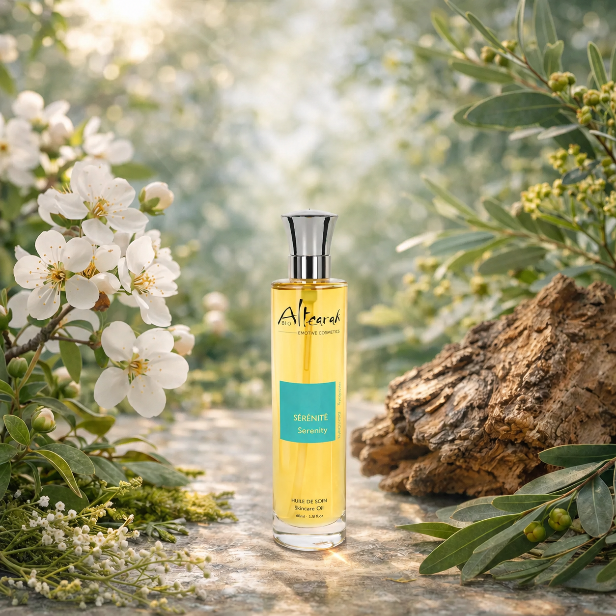 Sfeerbeeld van Altearah Turquoise Serenity huidolie met prunus bloesem, eucalyptus en hout voor rust, ontspanning en aromatherapie