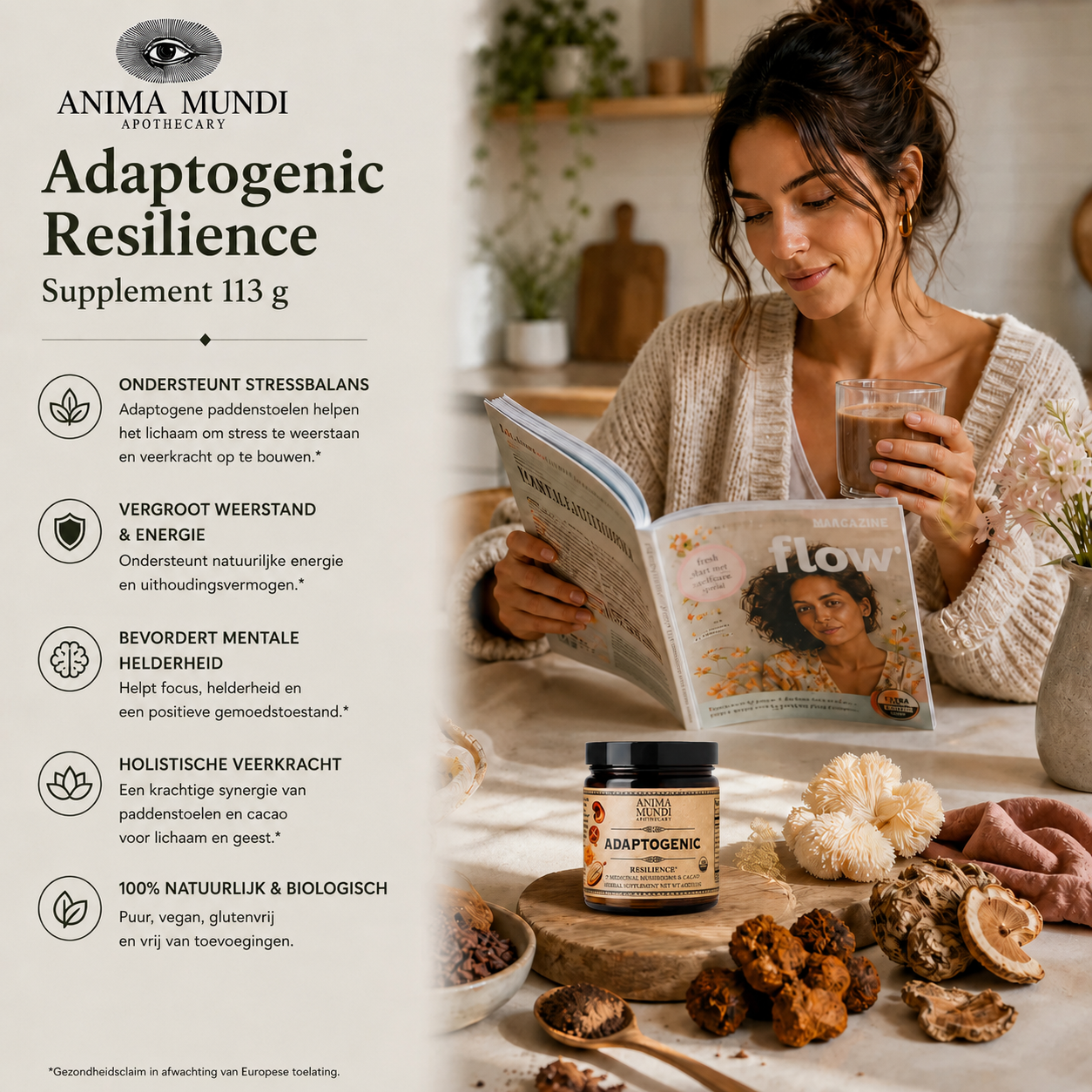 Anima Mundi Adaptogenic Resilience 113 g ondersteunt stressbalans, focus en natuurlijke energie in dagelijks ritueel