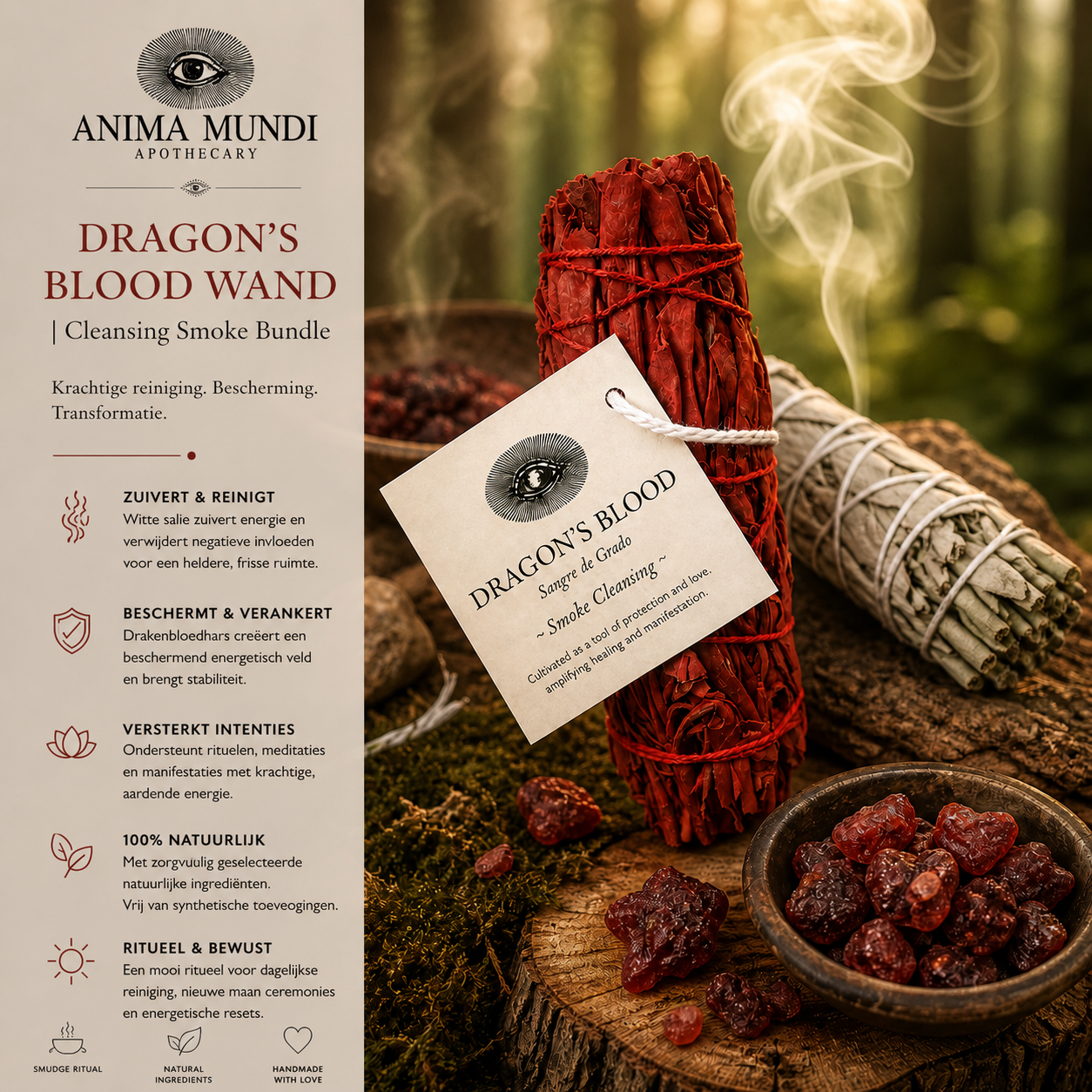 Anima Mundi Dragon’s Blood Wand smudge bundle sfeerbeeld met witte salie en hars voor zuivering en bescherming
