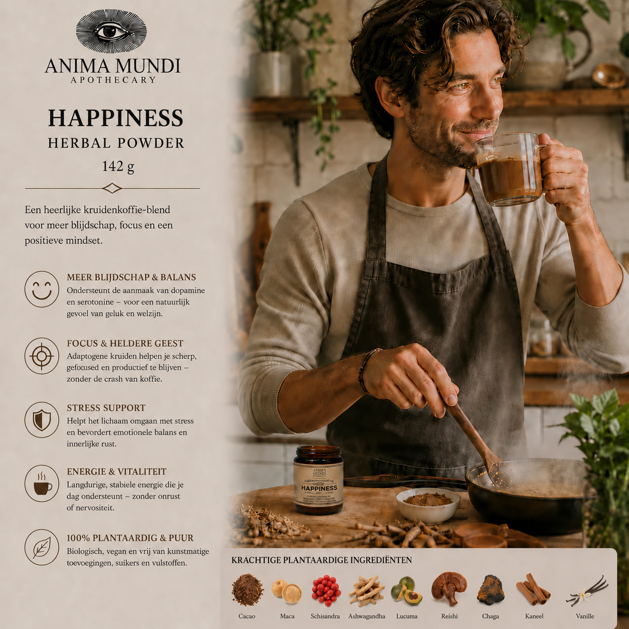 Man drinkt Anima Mundi Happiness Powder voor energie en positieve mindset
