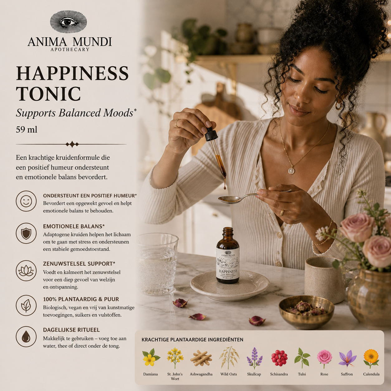 Anima Mundi Happiness Tonic gebruik met pipet voor dagelijkse balans en ontspanning