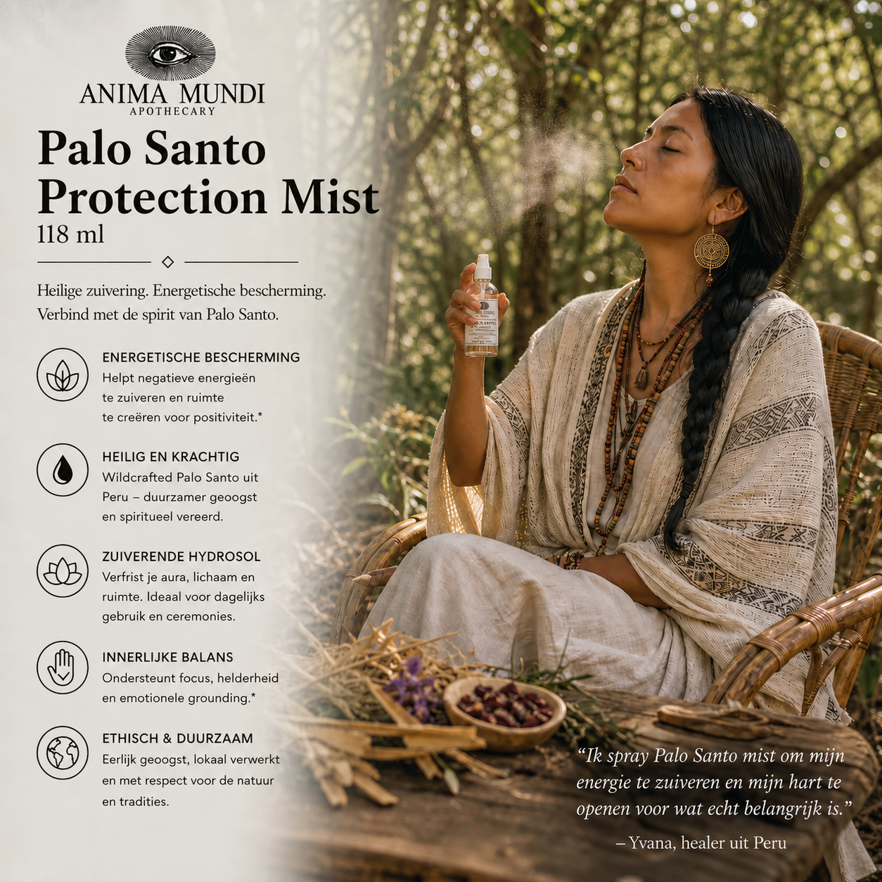 Palo santo mist ritueel voor innerlijke rust, focus en energetische reiniging in natuurlijke omgeving