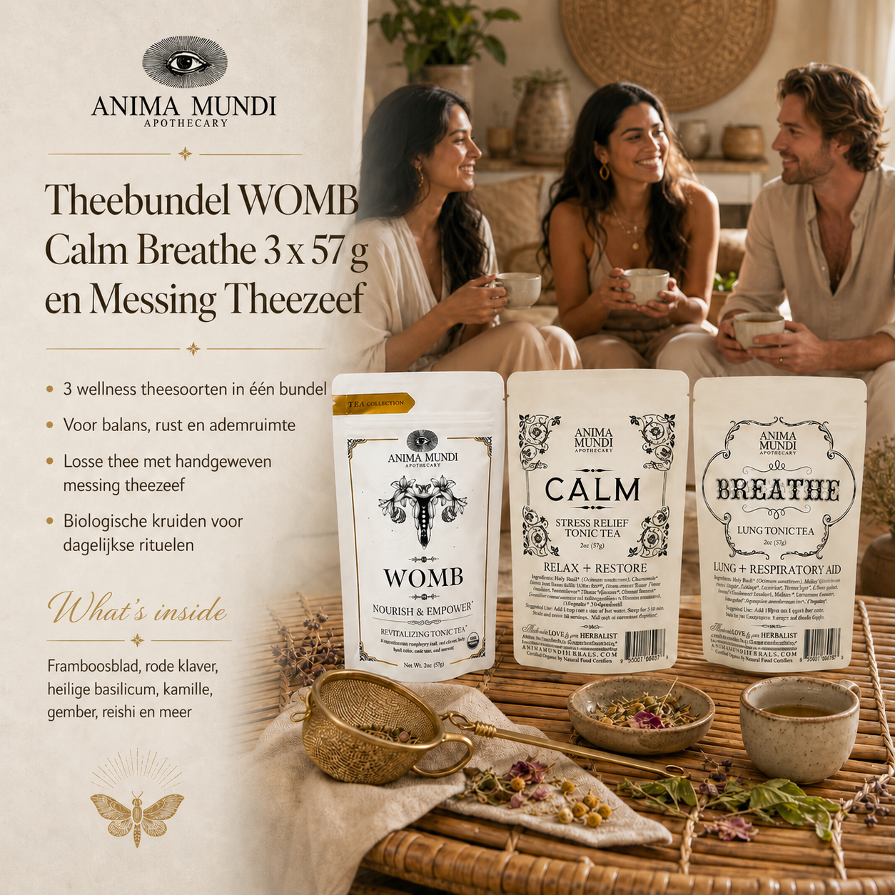 Anima Mundi Theebundel WOMB Calm Breathe met messing theezeef en warm theeritueel