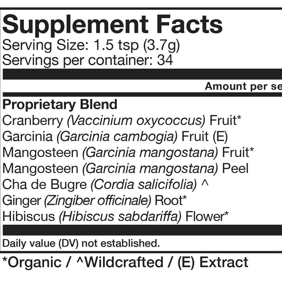 “Ingrediëntenlabel van Anima Mundi Happy Belly detox blend met cranberry, hibiscus en garcinia.”