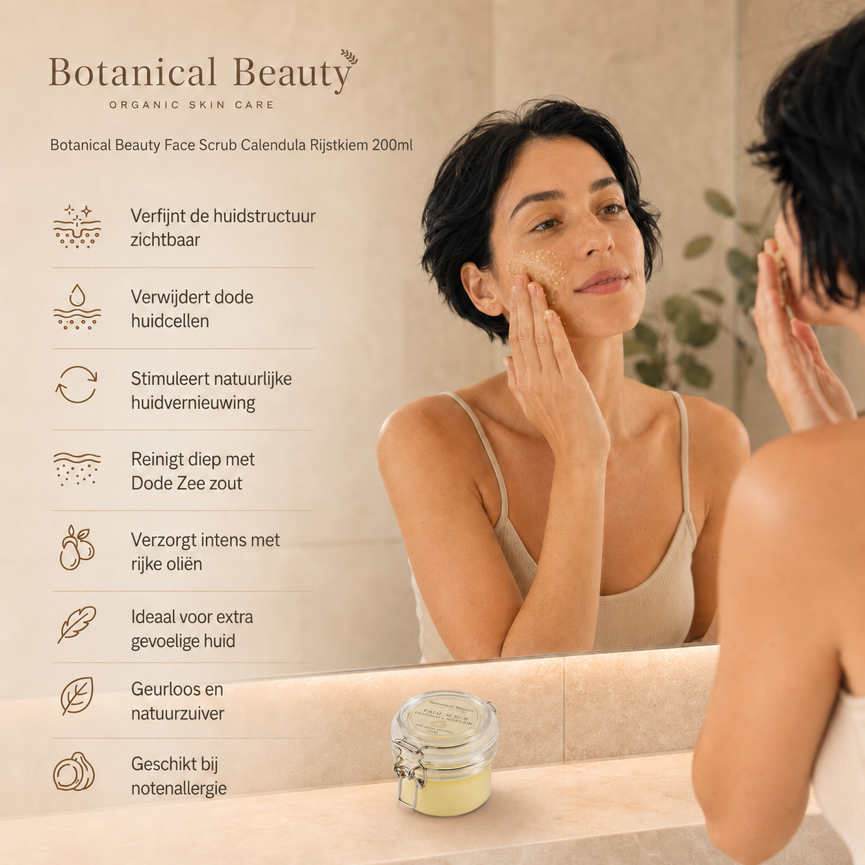 Botanical Beauty Face Scrub Calendula Rijstkiem in warme luxe badkamersfeer
