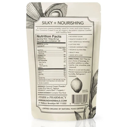 Étiquette des ingrédients de la crème de coco, poudre de lait de coco végétale et bio