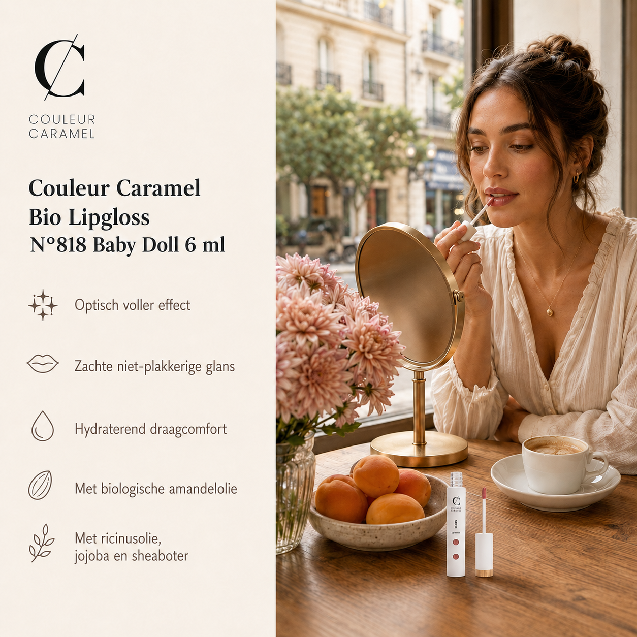 Couleur Caramel Lipgloss Baby Doll geeft zachte glans aan tafel