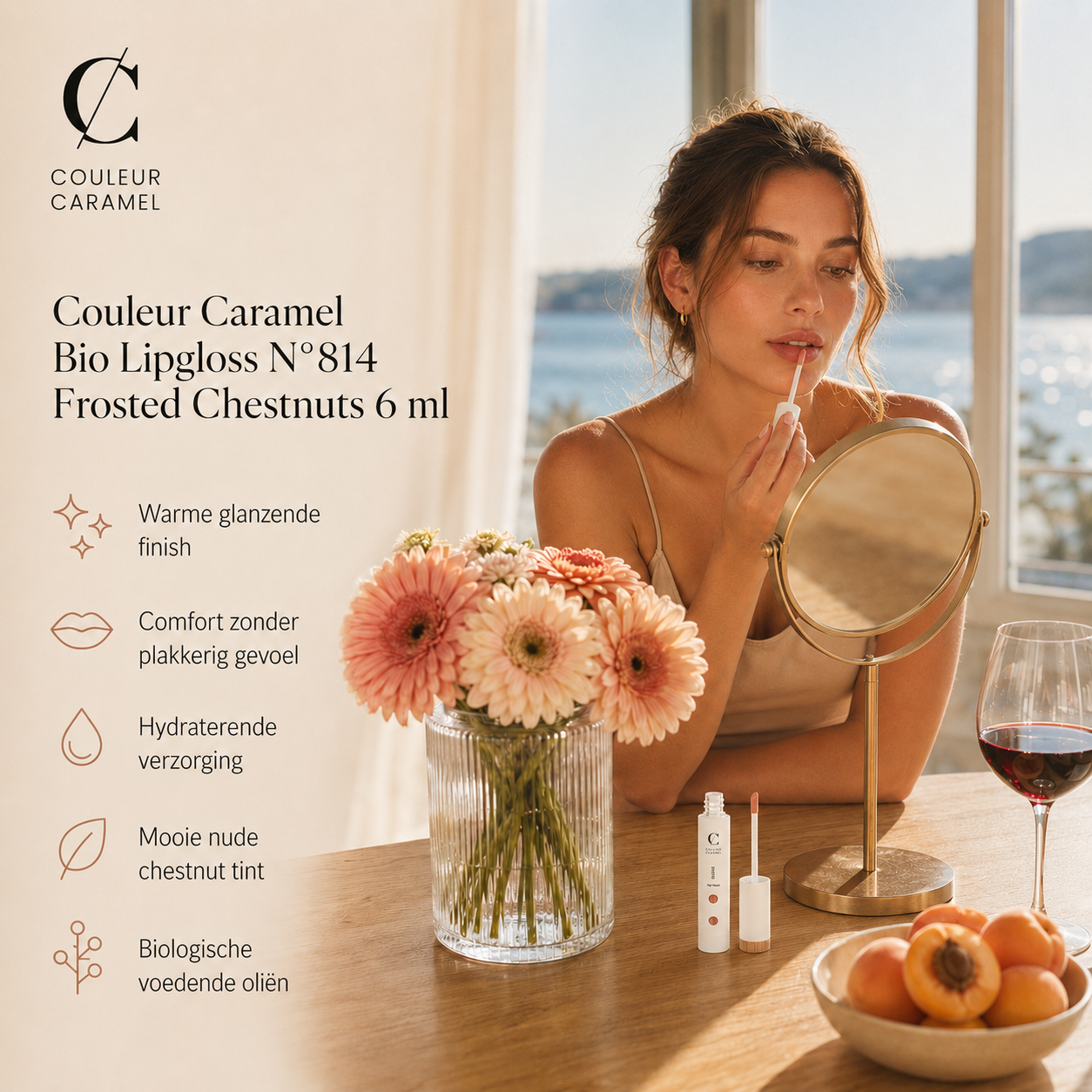 Couleur Caramel Lipgloss Frosted Chestnuts glanzende liplook aan zee