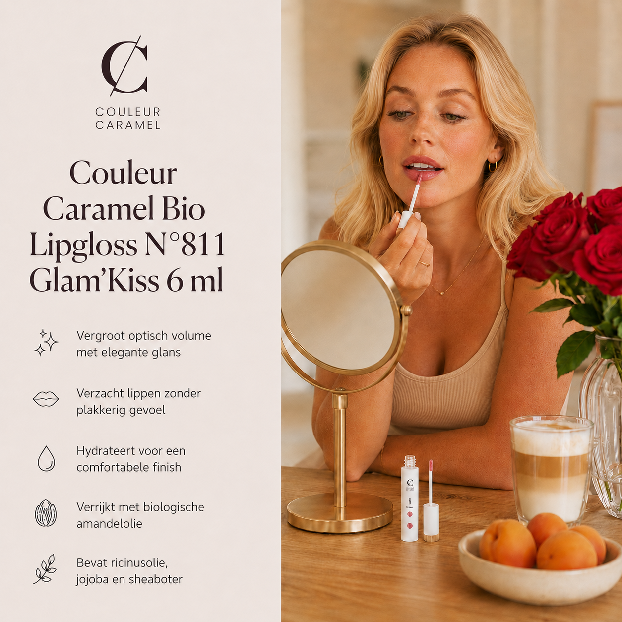 Couleur Caramel Bio Lipgloss Glam’Kiss geeft glanzende lippen aan tafel
