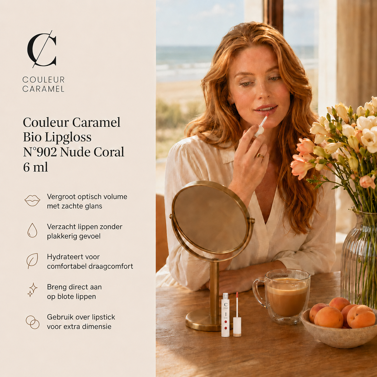 Couleur Caramel Bio Lipgloss Nude Coral glanzend op tafel