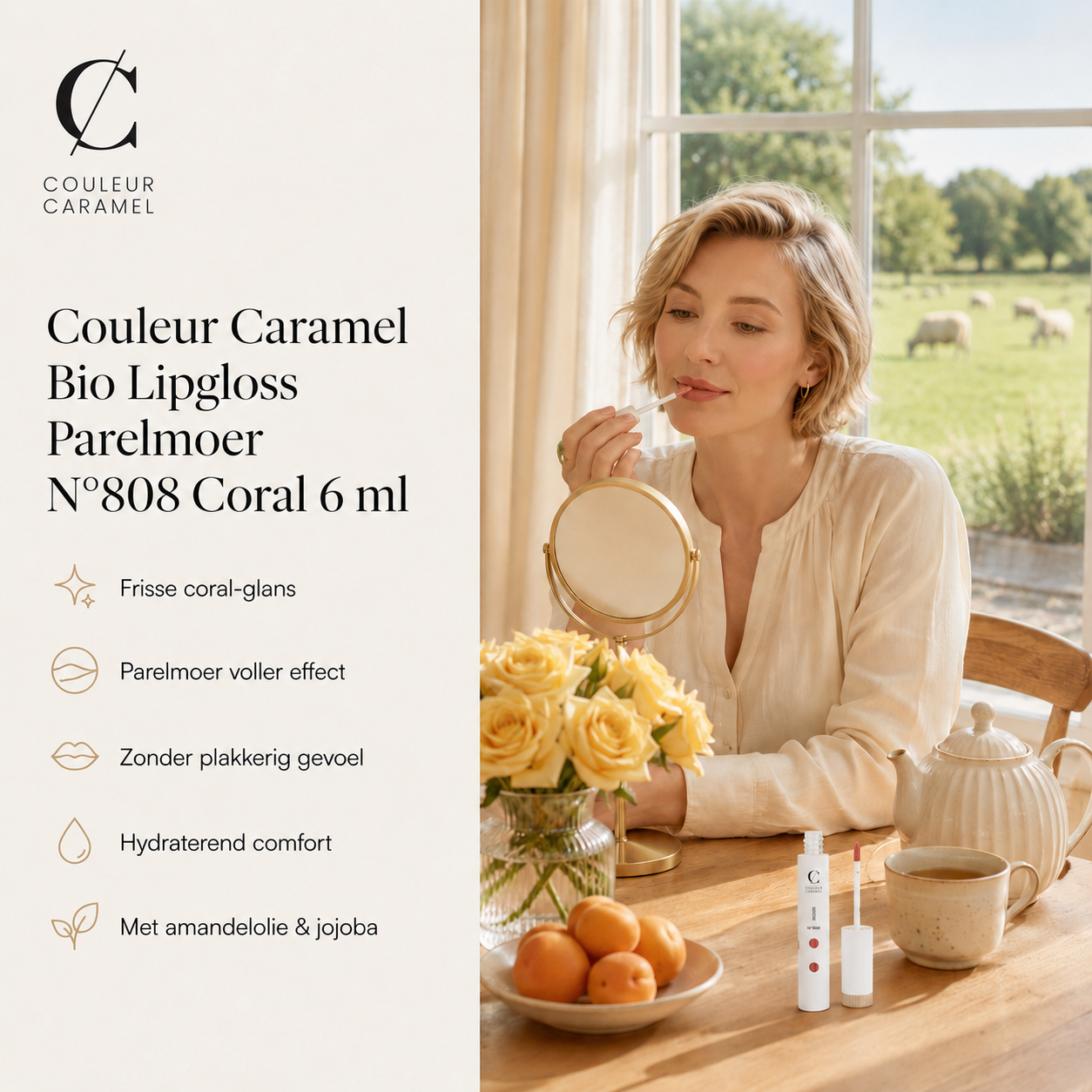 Couleur Caramel Bio Lipgloss Coral geeft glans tijdens natuurlijk gebruiksmoment