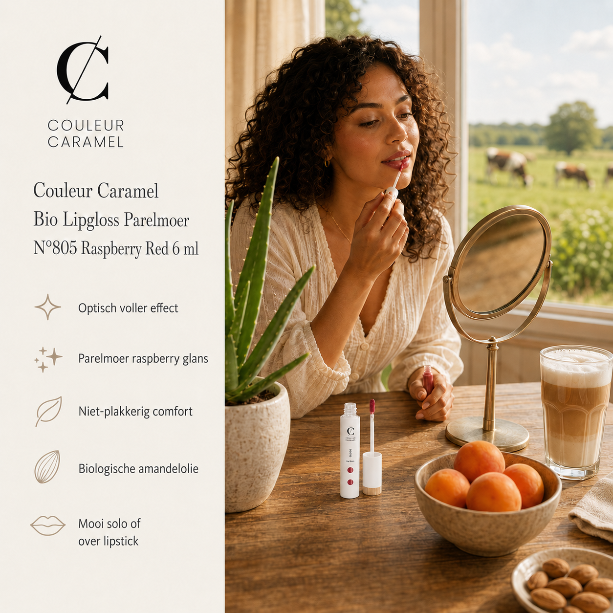 Couleur Caramel lipgloss Raspberry Red geeft glanzende lippen aan tafel