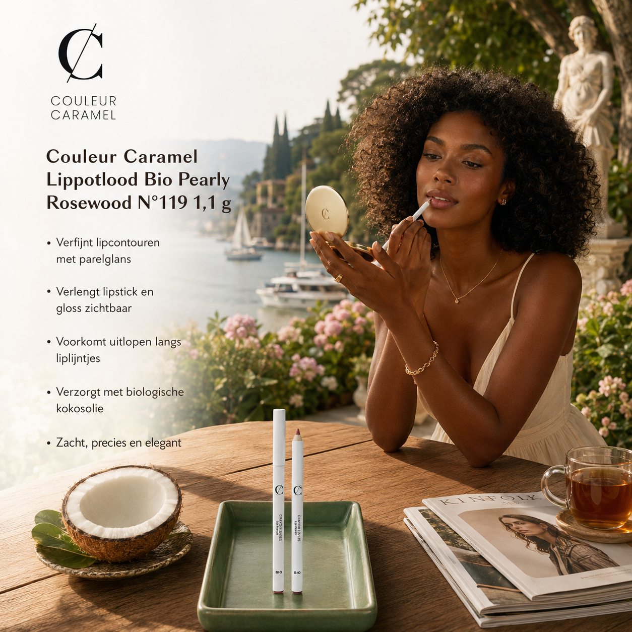 Sfeerbeeld lippotlood aan meer en tafel Couleur Caramel