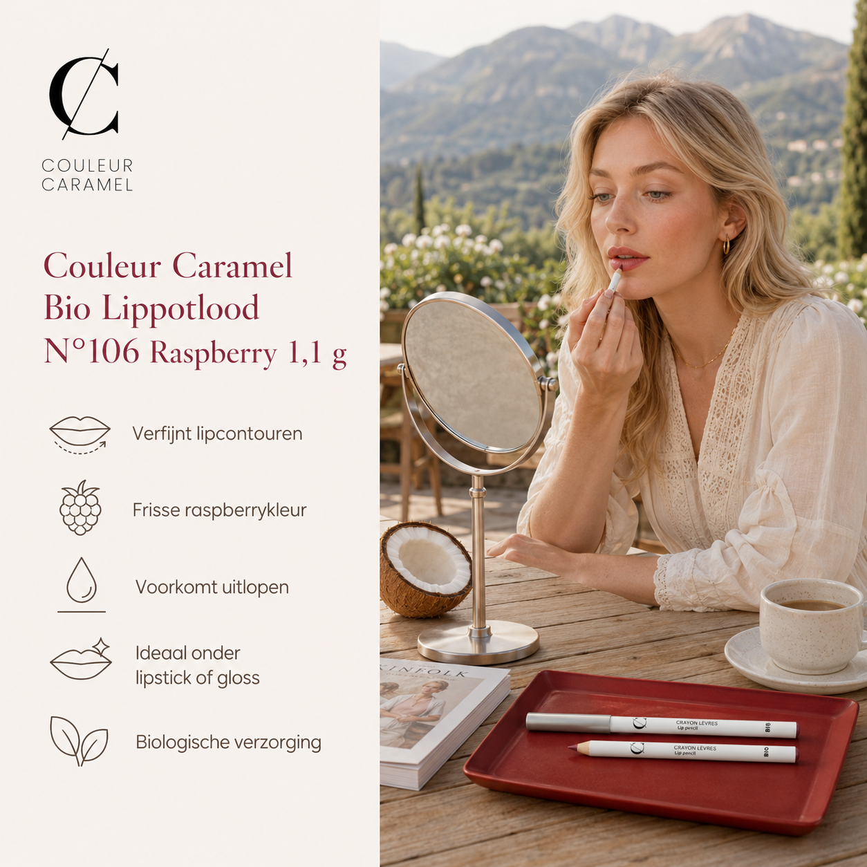 Couleur Caramel Bio Lippotlood N°106 Raspberry definieert lippen zacht buiten