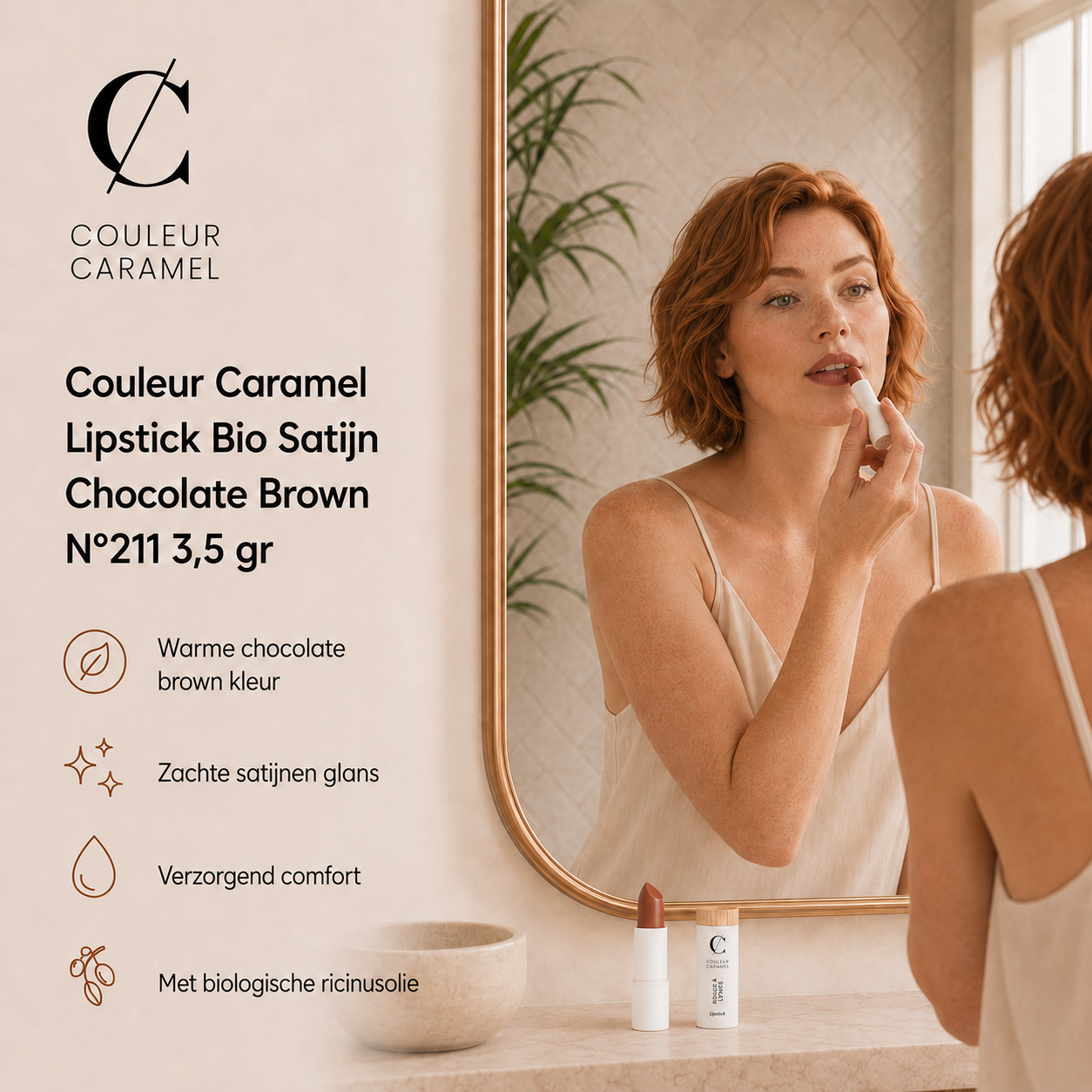 Couleur Caramel Bio Lipstick Chocolate Brown creëert elegante avondlook in de badkamer