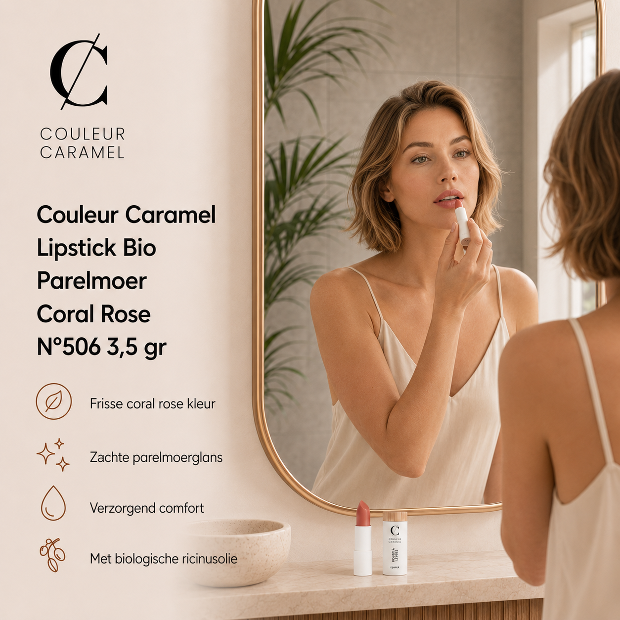 Couleur Caramel Lipstick Coral Rose verzorgt lippen tijdens aanbrengen