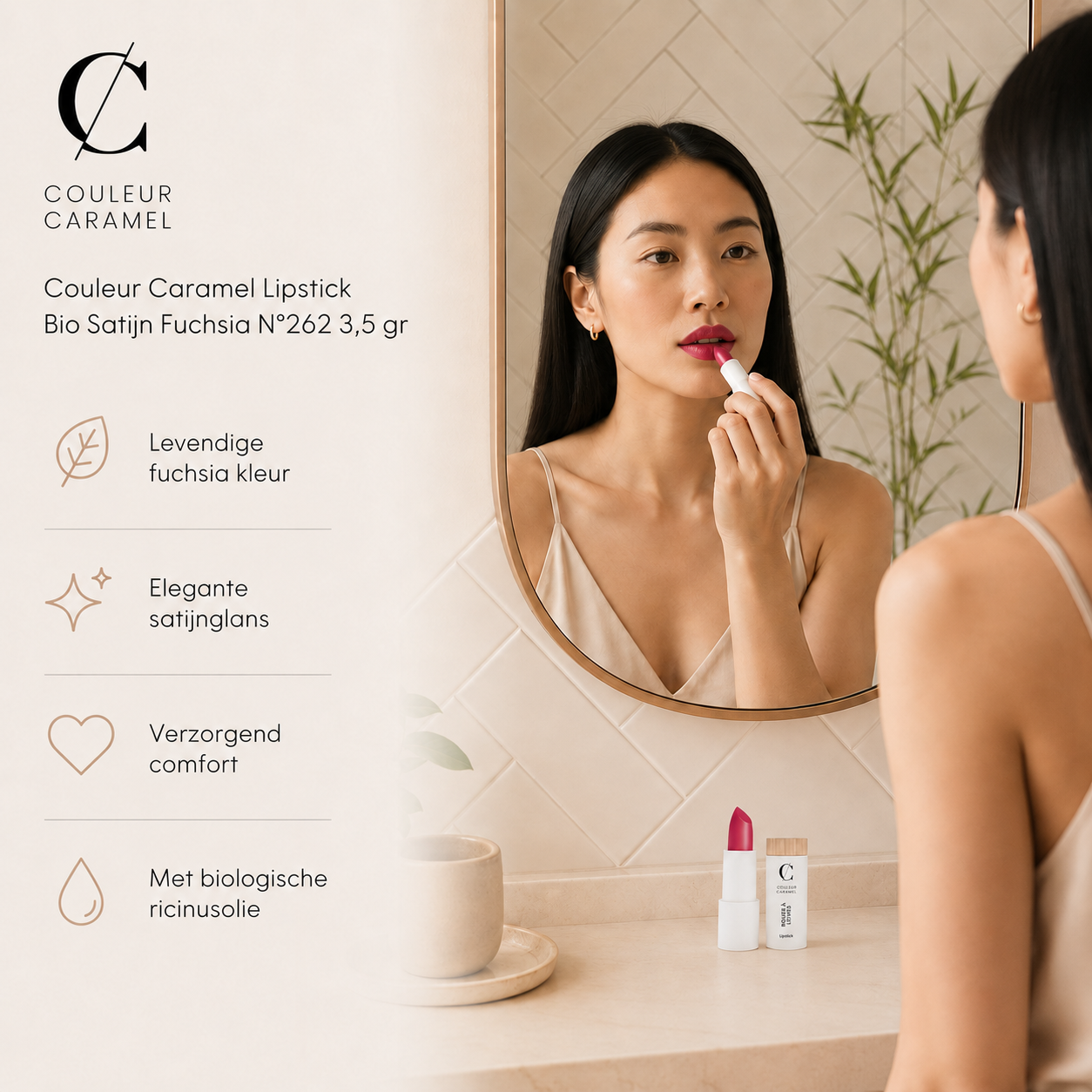Couleur Caramel Lipstick Fuchsia creëert elegante levendige make-up look