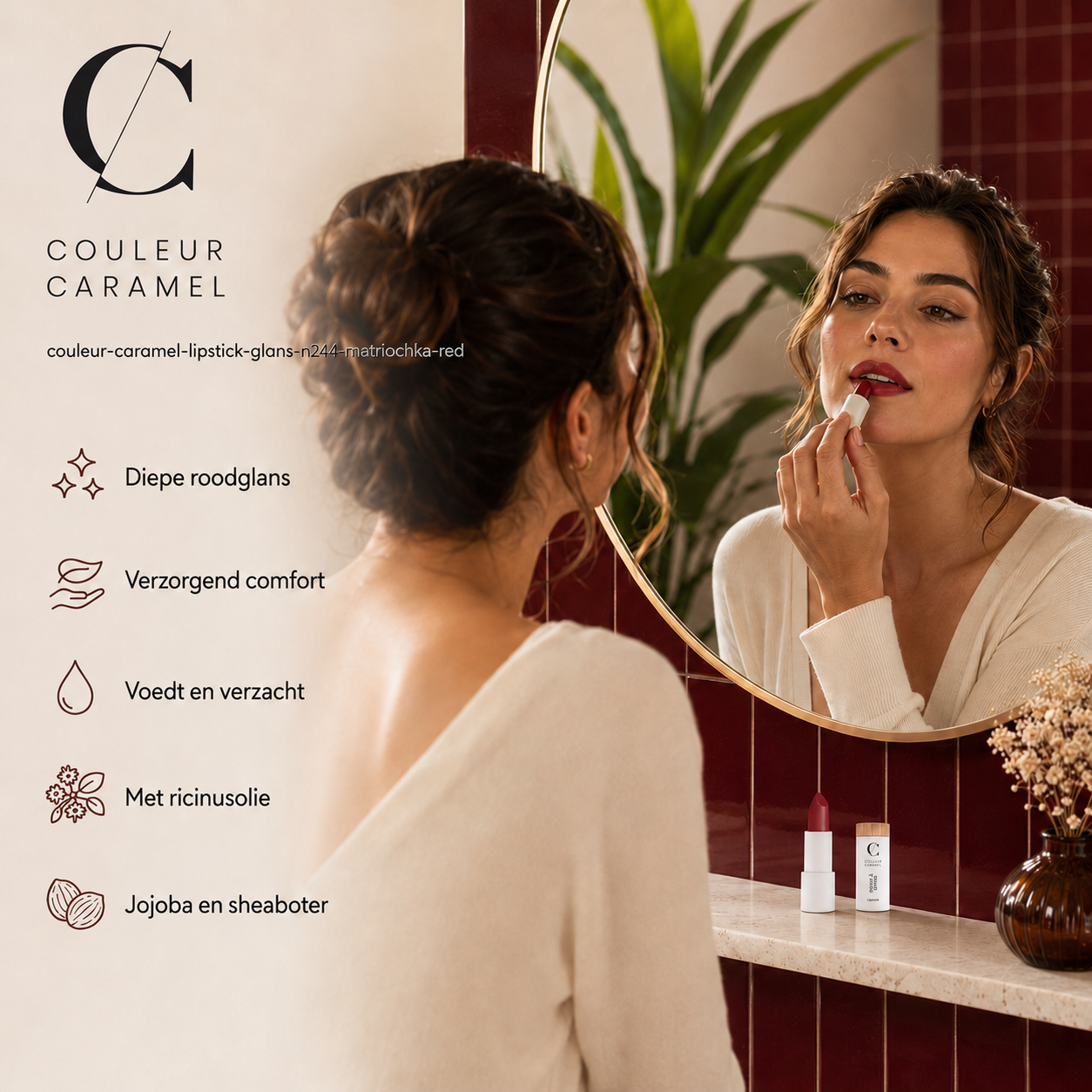 Couleur Caramel Bio Lipstick Matriochka Red sfeerbeeld voor elegante liproutine