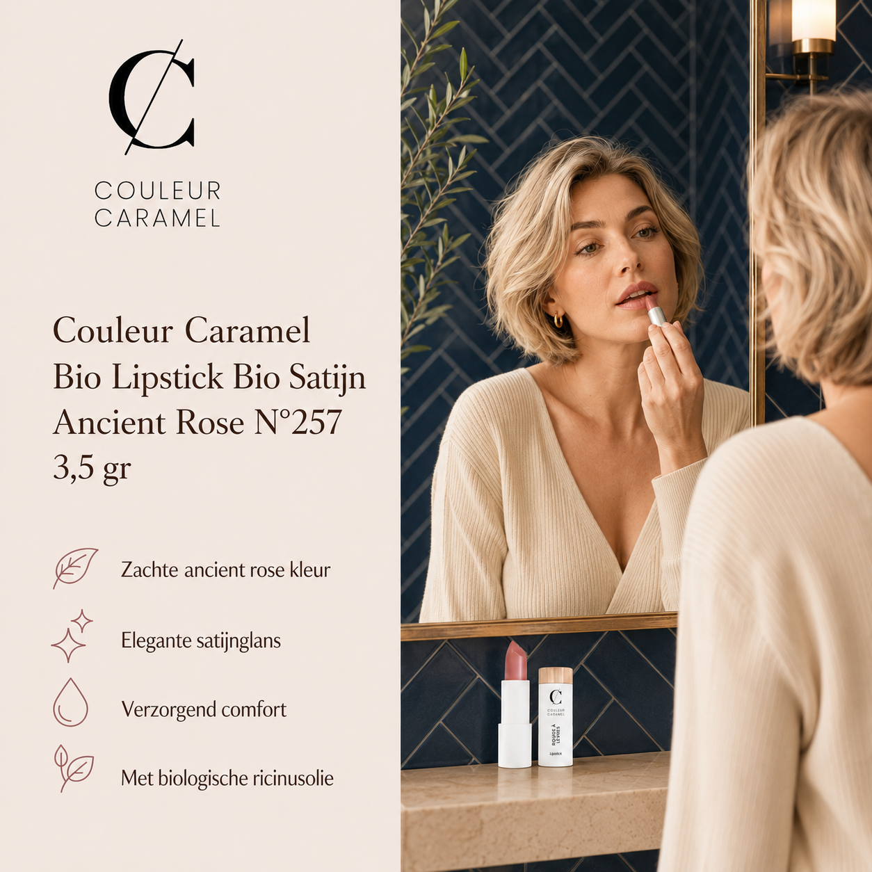 Couleur Caramel Lipstick Ancient Rose creëert warme verfijnde badkamerlook