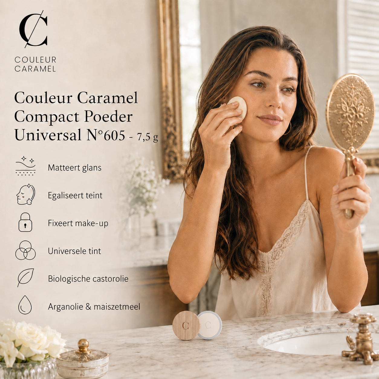 Couleur Caramel Compact Poeder Universal matteert teint in Franse badkamer