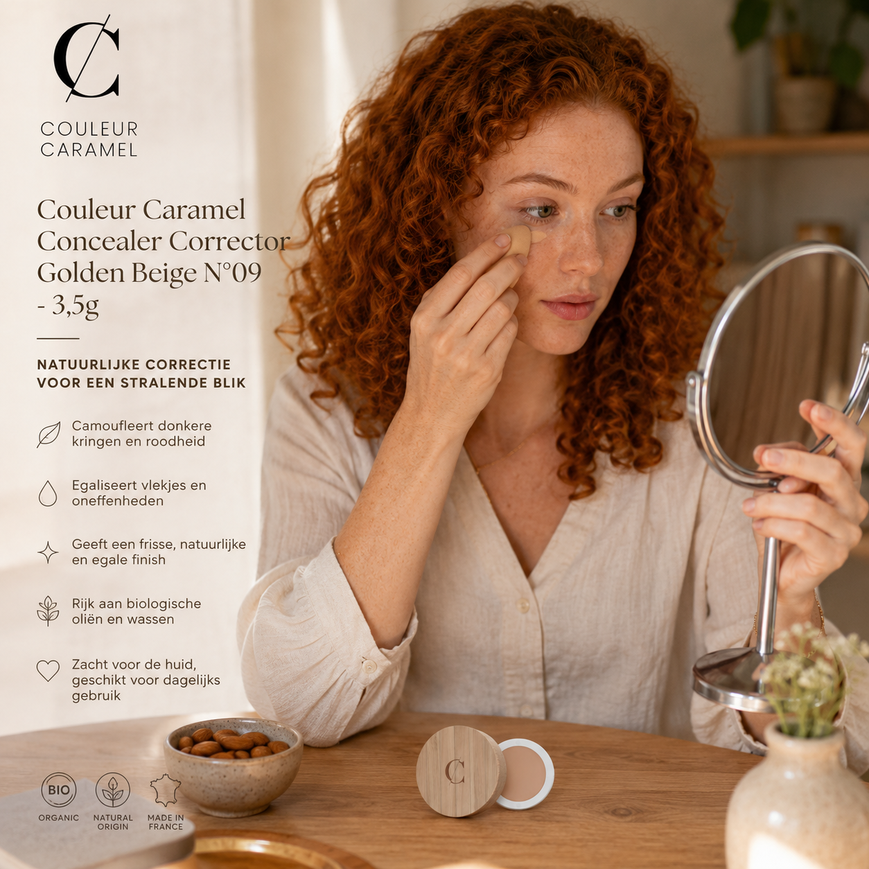Couleur Caramel Concealer Golden Beige camoufleert roodheid tijdens ochtendroutine