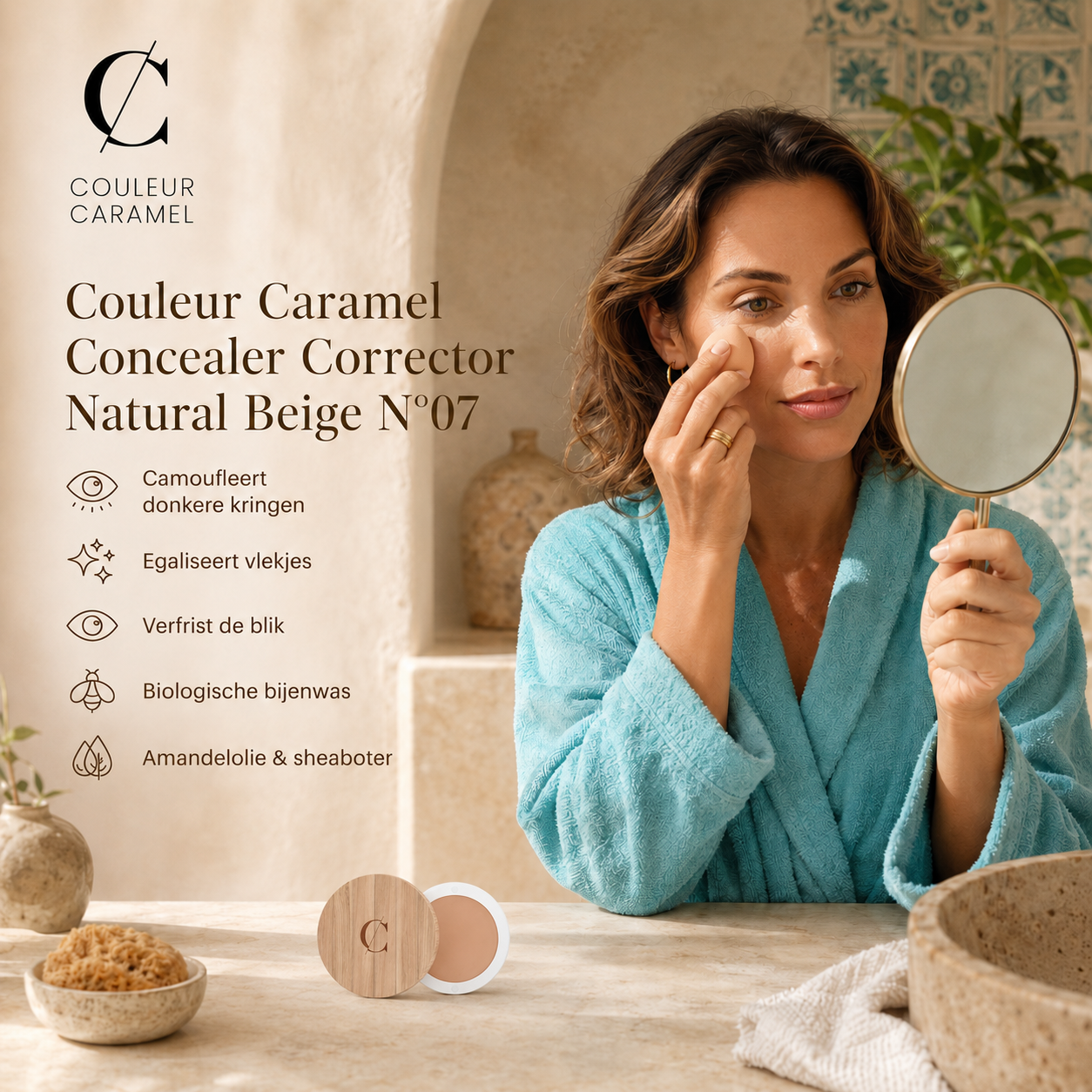 Couleur Caramel Concealer Natural Beige verfrist blik in Spaanse badkamer