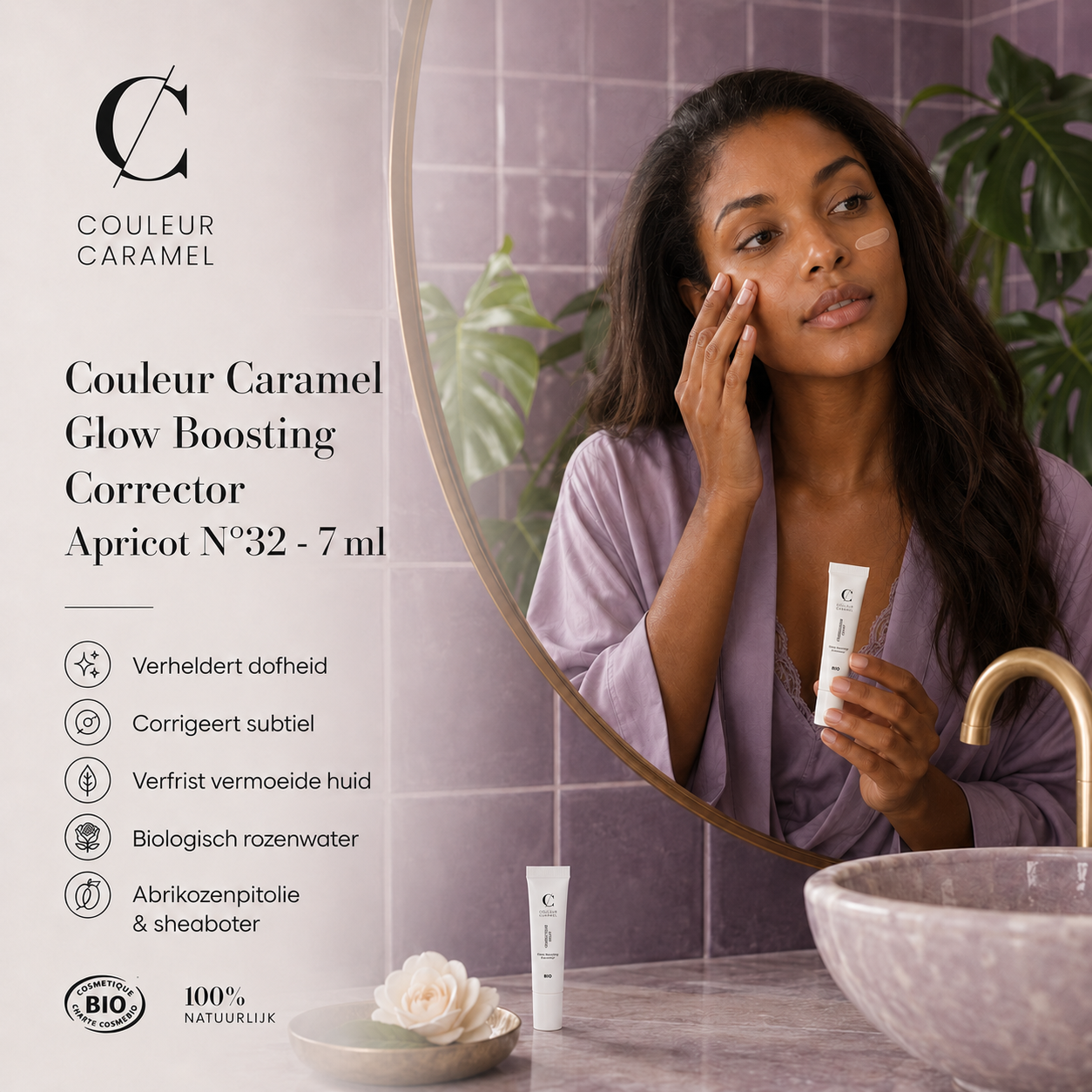 Couleur Caramel Glow Corrector Sand verfrist huid tijdens ochtendroutine