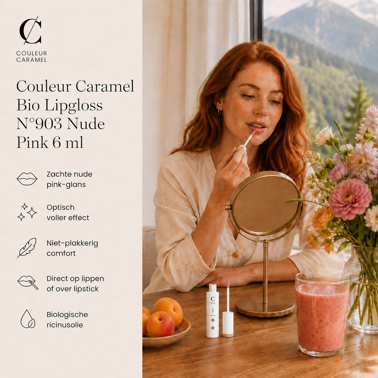 Couleur Caramel Lipgloss Nude Pink geeft zachte glans aan tafel