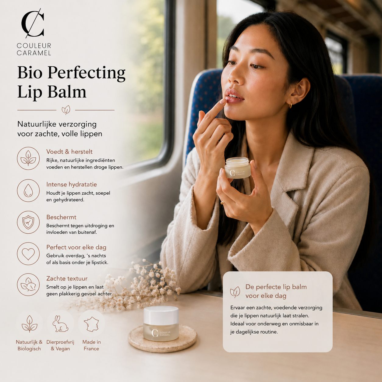 Lip balm gebruik in de  trein, zachte gehydrateerde lippen natuurlijke verzorging