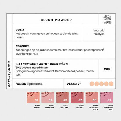 Ce blush bio existe en plusieurs belles teintes. Choisissez un blush vif et frais ou une couleur plus naturelle.