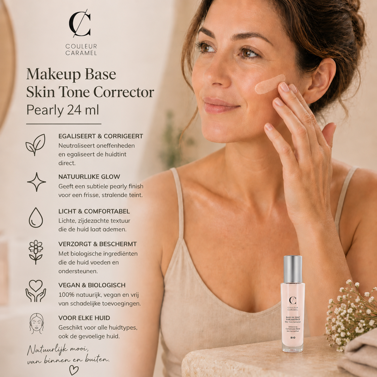 Aanbrengen Couleur Caramel makeup base egaliseert huid glow