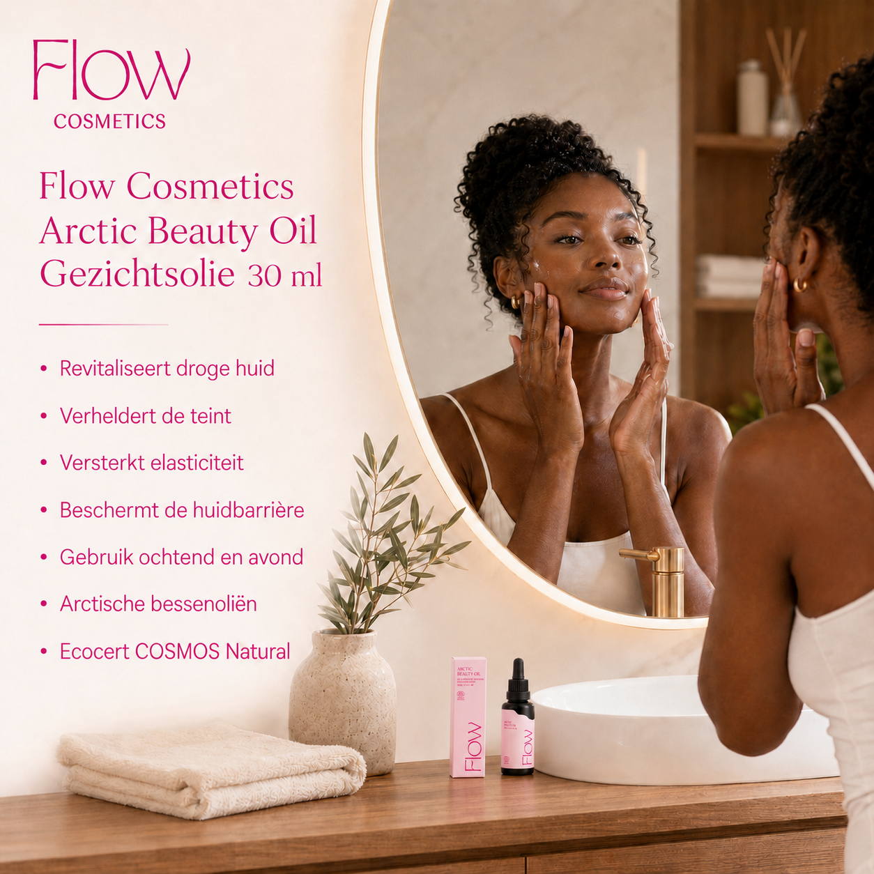 Flow Cosmetics Arctic Beauty Oil gezichtsolie in warme selfcare badkamerroutine