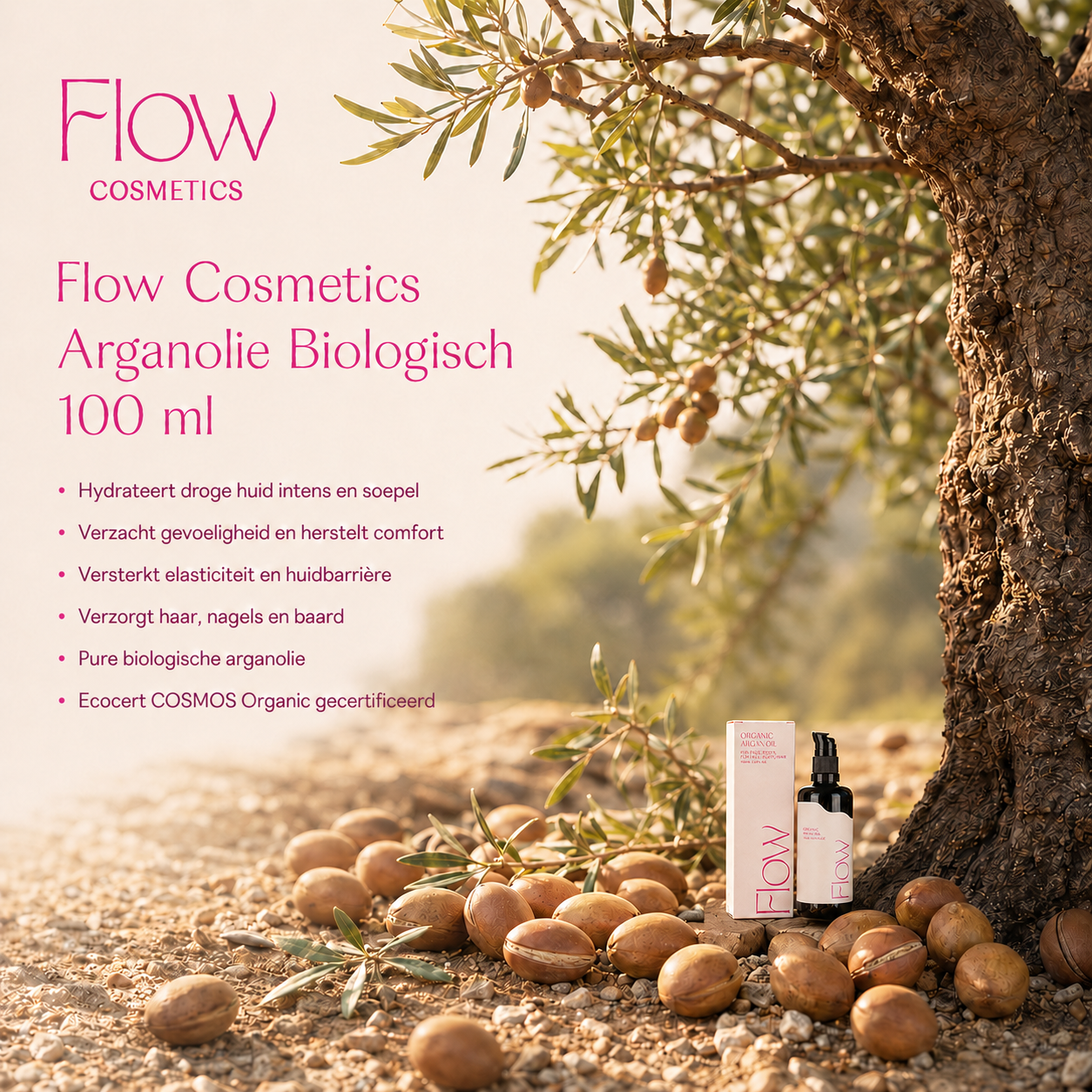 Flow Cosmetics Arganolie Biologisch sfeerbeeld met arganboom en verzorgende olie