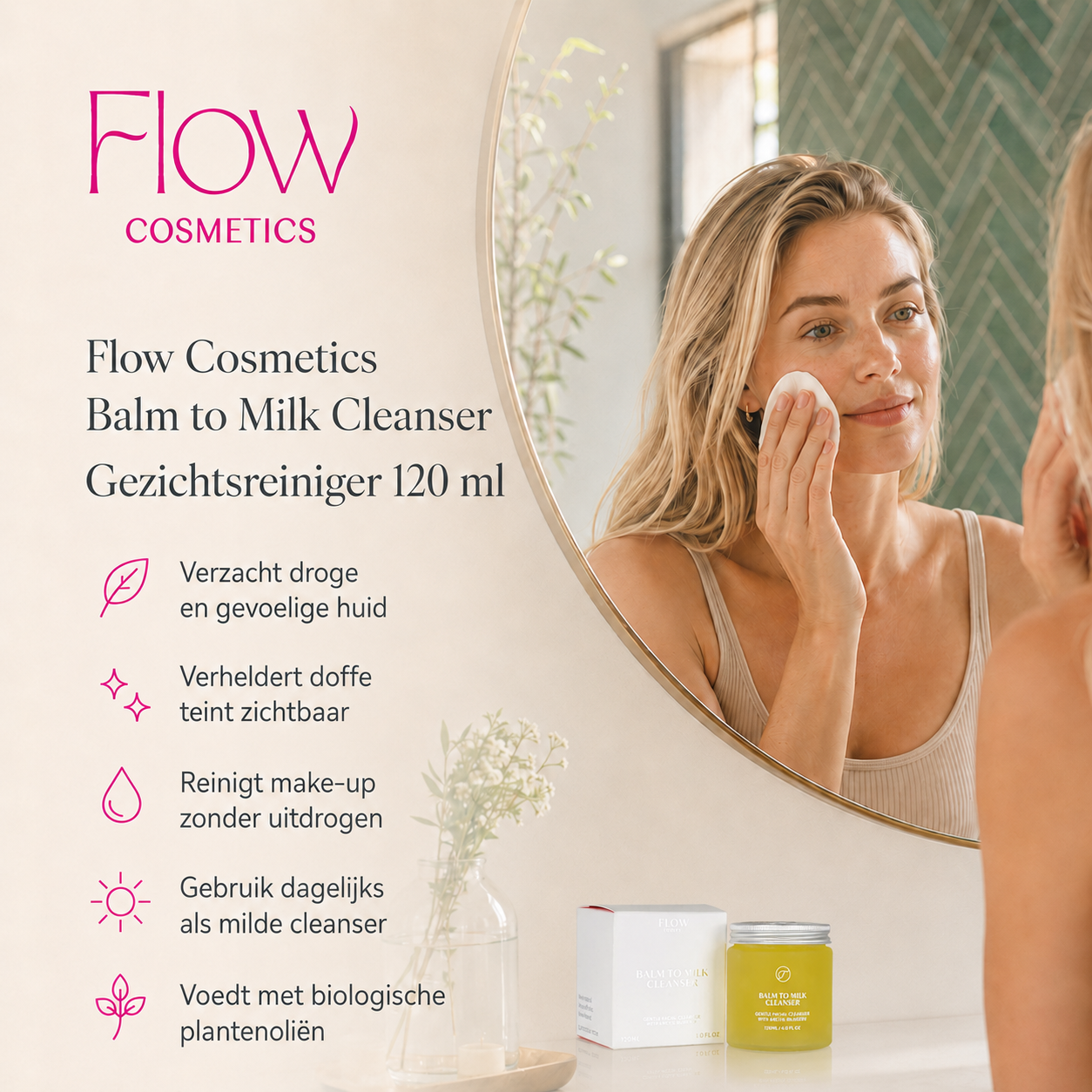 Flow Cosmetics Balm to Milk Cleanser reinigt zacht in luxe badkamer
